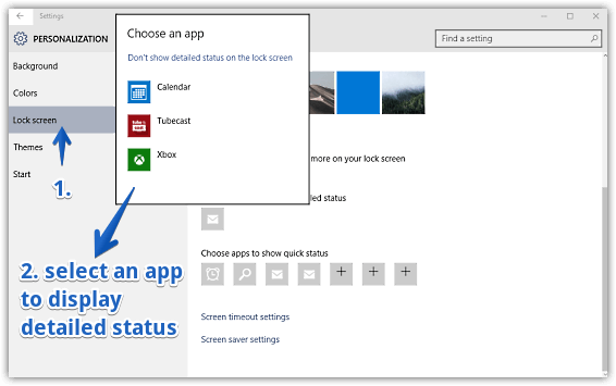 windows 10 choose app to display detailed status on lock screen