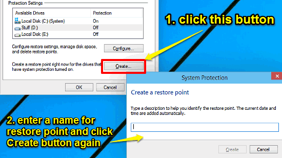 windows 10 create restore point