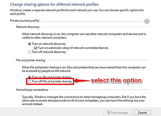 windows 10 disable file and printer sharing