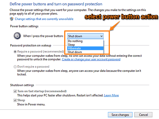 windows 10 select action to be triggered when power button is pressed