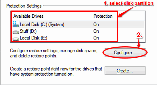 windows 10 select disk partition for deleting restore points