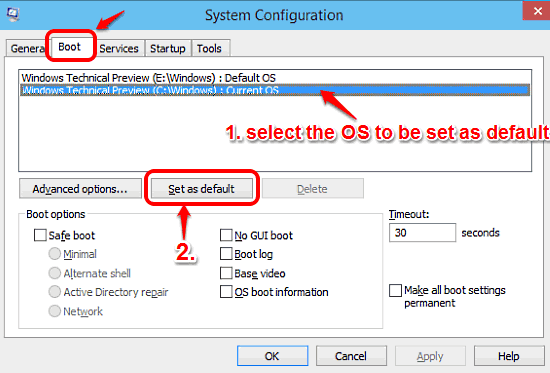 windows 10 set an os as boot default