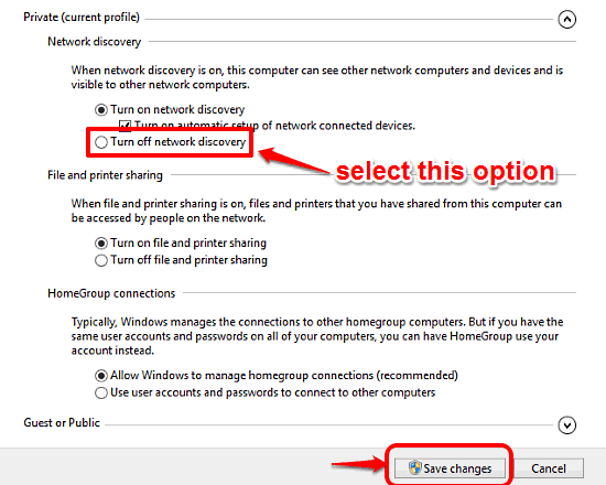 windows 10 turn off network discovery