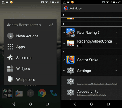 Add App Shortcut on homescreen in Nova Launcher
