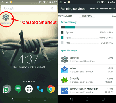 App Activity Shortcut on homescreen