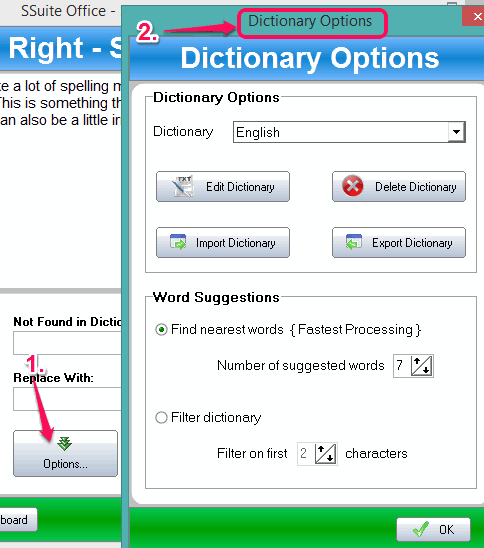 Dictionary Options window