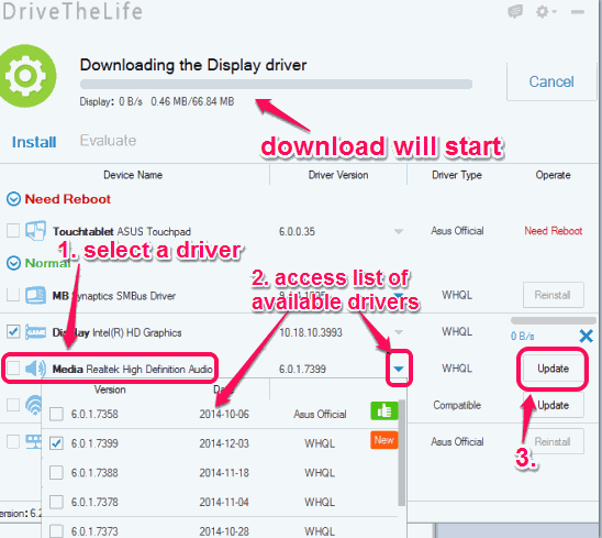 access the list of available drivers and select a particular driver to download