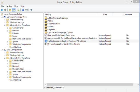 disable access to pc settings and control panel