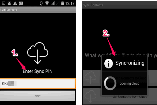 enter sync pin to decrypt and synchronize the contacts