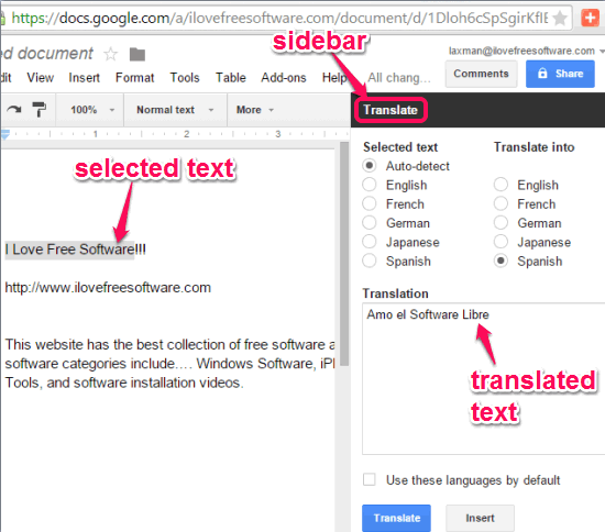 free add-on to translate text in Google Docs