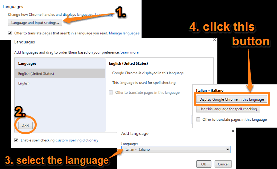 google chrome change display language