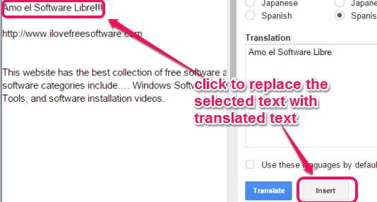 replace the selected text with translated text