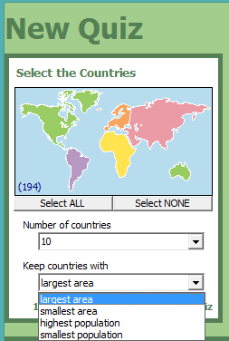 select continents and number of countries for quiz