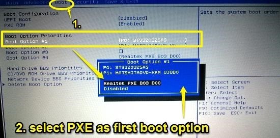 select pxe as first boot device