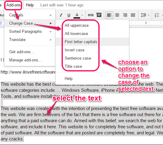 select the text and choose an option to change the case of text