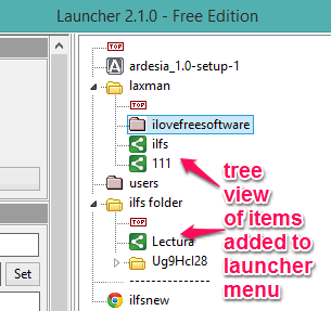 tree view of files added to launcher menu