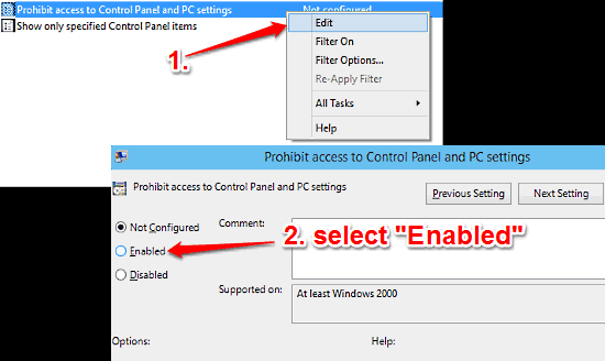 windows 10 disable pc settings and control panel access