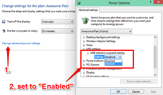 windows 10 enable usb selective suspend for selected plan