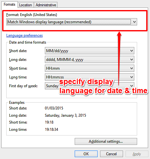 windows 10 specify custom language for date and time
