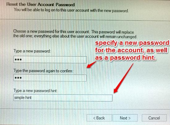 windows 10 specify new password and hint