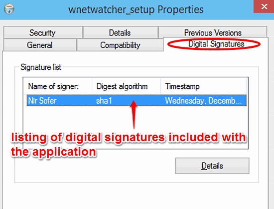 windows 10 view digital signature