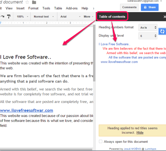 Table of contents plugin for Google Docs