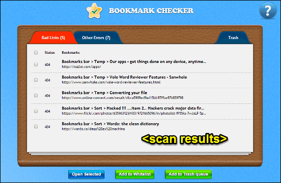 gchrome bookmark checker results