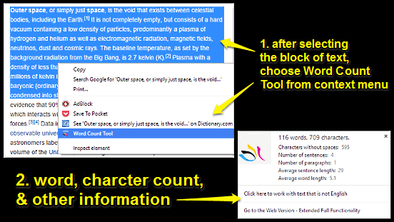 google chrome find word and character count