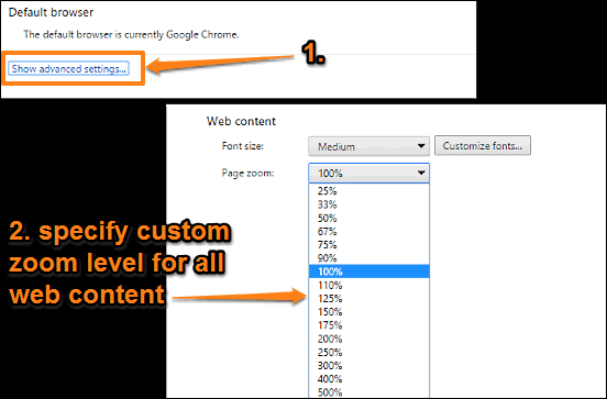 google chrome set custom zoom level for all web content