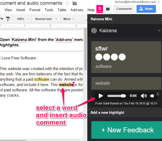 insert audio comments in Google Docs documents