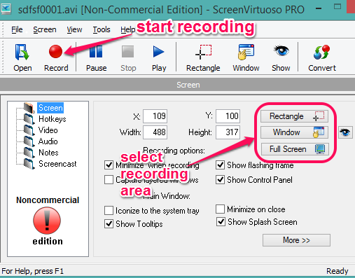 select recording area and start recording