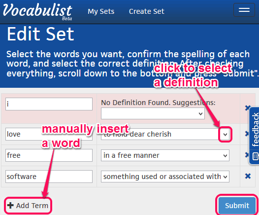 vocabulary sheet generated