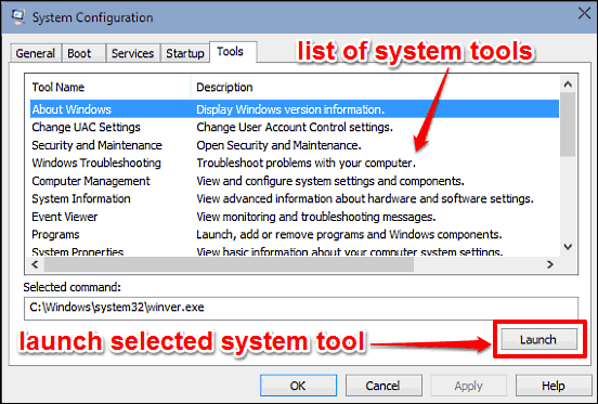 windows 10 msconfig tools tab