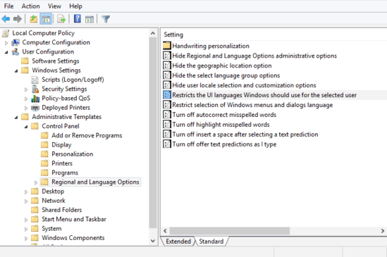 windows 10 restrict ui langage for selected user