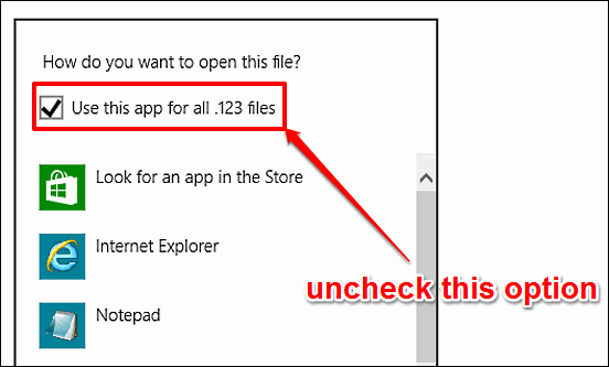 windows 10 uncheck always open with a program