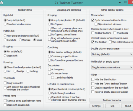 7+ Taskbar Tweaker- interface