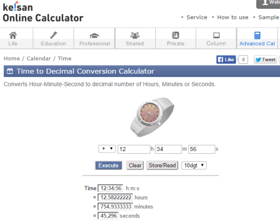 Keisan Online Calculator's Time to Decimal Conversion Calculator