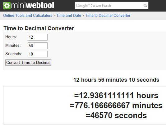 MiniWebtool's Time to Decimal Converter