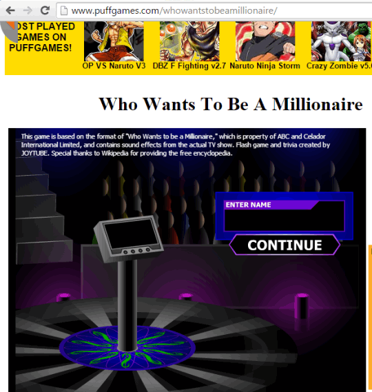 Who Wants To Be a Millionaire on Puffgames website
