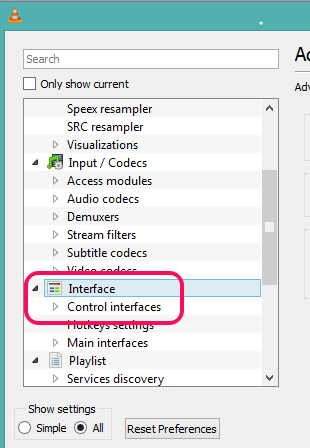 access Control interfaces option available under Interface option