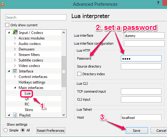 access Lua option to set a password and save changes