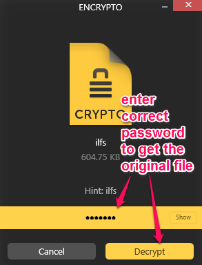 decrypt the encrypted file using correct password