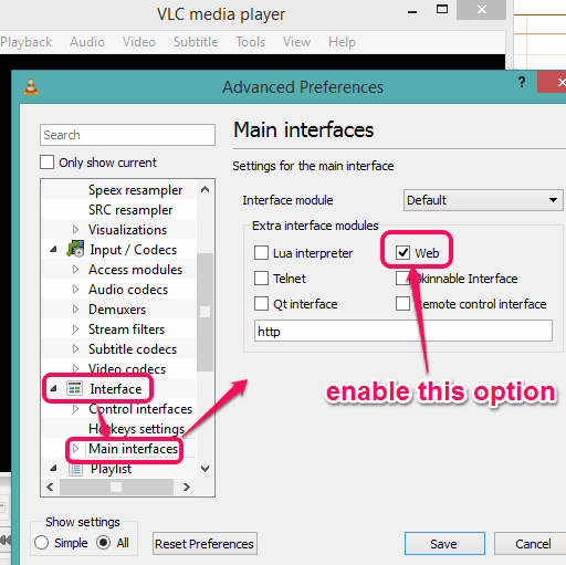 enable Web option available in Main interfaces option