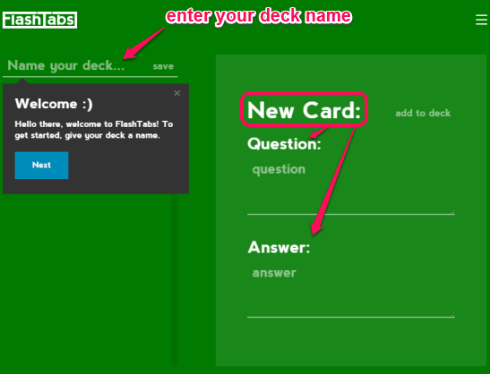 enter deck name and create a flashcard