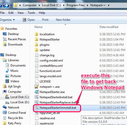 execute NotepadStarterUninstall batch file