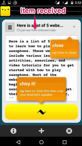 item received on Android app interface of Chirp