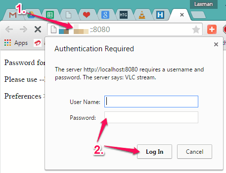 log in to access web interface of VLC