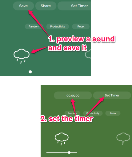 preview a sound, add it for playing, and set timer