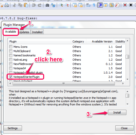select NotepadStarterPlugin option and use Install button