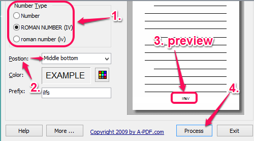 set number type, postion of numbers, and process PDF file